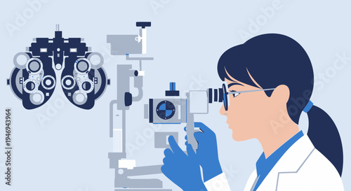 Optometrist Conducting Eye Exam, Using Equipment for Vision Assessment and Diagnosis