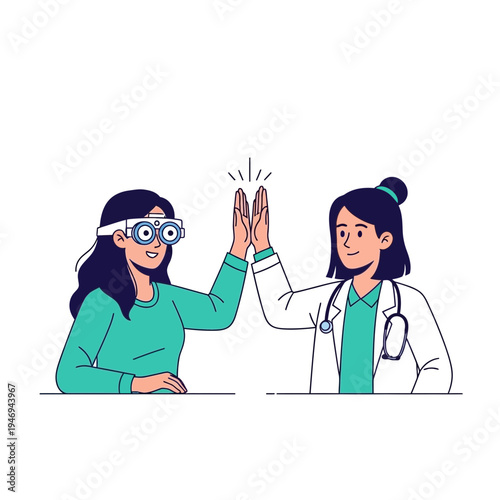 Optometrist Celebrates Success After Eye Examination, Giving Patient High Five, Positive Outcome