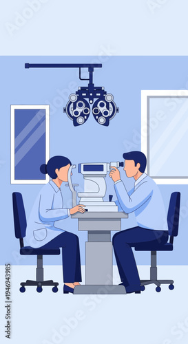 Optometrist Conducting Eye Examination in a Modern Clinic with Advanced Equipment