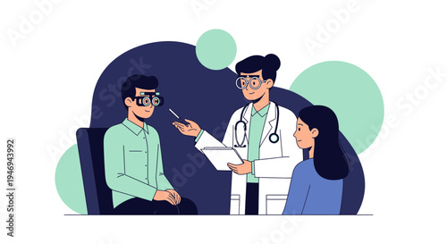 Optometrist Conducting an Eye Examination With Patient and an Observer Illustration
