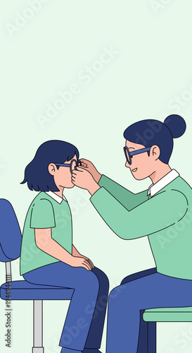 Optometrist Examining Child's Vision and Fitting Eyeglasses in Pediatric Eye Care Setting