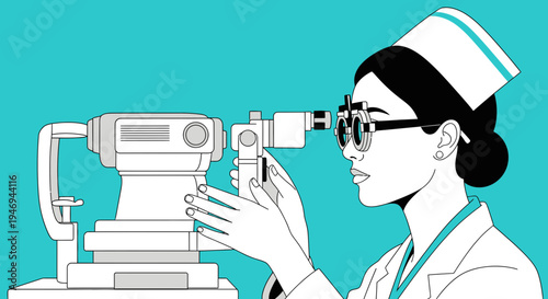 Optometrist Examining Eyesight with Advanced Technology in Modern Healthcare Illustration