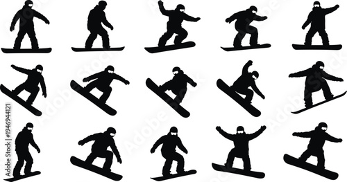 Black Silhouette Vector Set of Fifteen Snowboarders Performing Various Jumps and Tricks in Different Action Poses Isolated on White Background for Winter Sports Design
