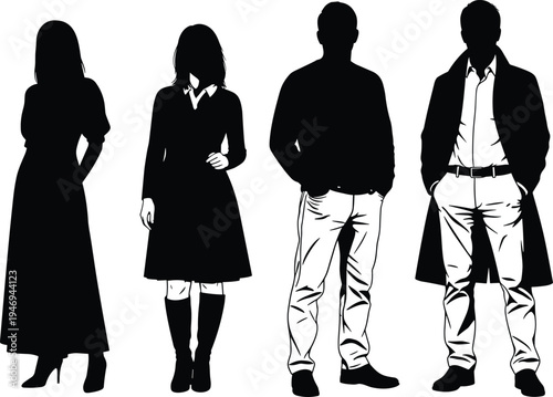 Set of Four Professional Fashion Silhouettes Featuring Men and Women in Stylish Modern Outfits Standing Isolated on White Background
