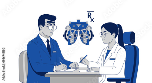 Optometrist Examining Patient and Documenting Visual Acuity Results In The Office Setting