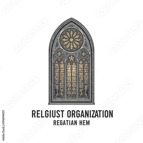Stained Glass Window with Gothic Architecture and Intricate Rose Window Design