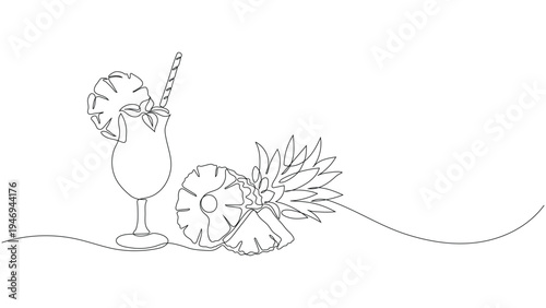 Continuous line drawing  of refreshing pineapple smoothie in a glass with a straw and fresh fruit garnish, Editable stroke