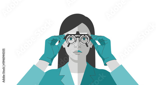 Optometrist Performing An Eye Exam Using Trial Lens Frame With A Patient On White Background