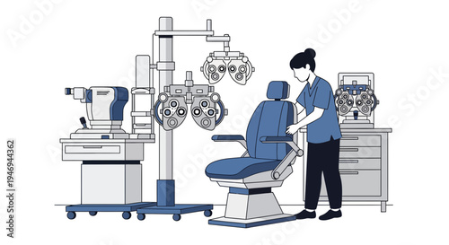 Optometrist Preparing Examination Room Readying Equipment For Visual Acuity Testing Session