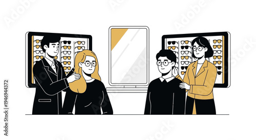 Optometrists Assisting Clients Selecting Eyeglasses in Modern Optometry Clinic Setting