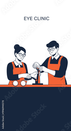 Optometrists Examining Eyeglasses in a Clinic, Focusing on Visual Health and Eye Care Services