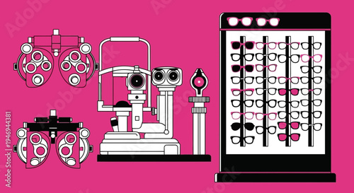 Optometry and Eye Care: Visual Aids, Eyewear, and Diagnostic Instruments Illustration