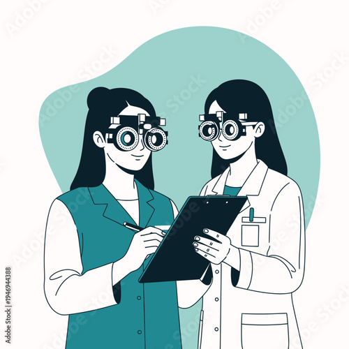 Optometrists Conducting Eye Examination Using Phoropter Devices Assessing Vision And Health