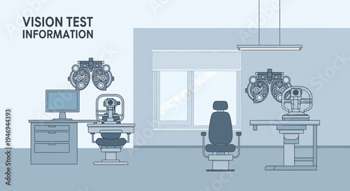 Optometry Clinic Interior: Modern Vision Testing Equipment and Examination Room Illustration