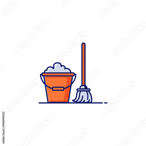 Orange Bucket With Soapy Foam And Mop In An Isolated Vector Illustration Design
