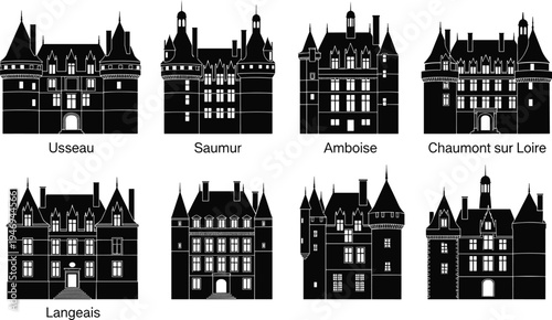 Black vector silhouette icon set of historic French castles and chateaus including Usseau Saumur Amboise Chaumont sur Loire and Langeais isolated on white background