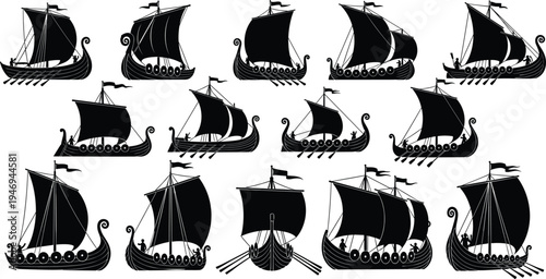 Black Viking Ship Silhouette Collection Featuring Nordic Longships with Sails and Oars for Historical Graphic Design Nautical History Projects and Ancient Maritime Illustration Assets