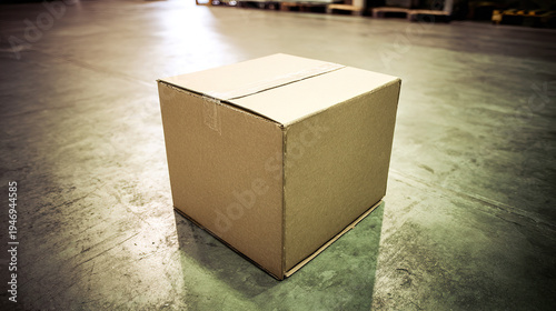 flaps. Cardboard box with sealed flaps on a warehouse floor, showcasing logistics efficiency. safety posters, maintenance manuals, designed for industrial assembly lines and welding operations.
