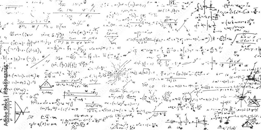 Obraz premium Black handwritten mathematical equations and symbols on a white background.