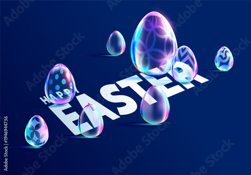 Happy Easter design with 3D glass eggs and white inscription in perspective. Festive vector banner.