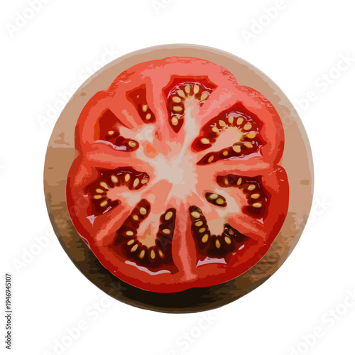 A close-up view of a ripe tomato showcasing its vibrant red color and intricate seed patterns. isolated on white background, Vector