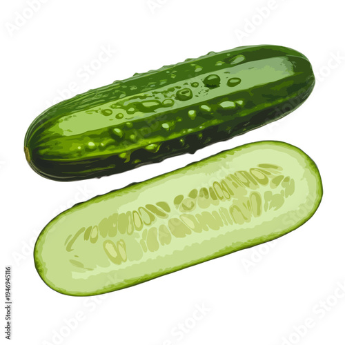 Two green cucumbers, one whole and one sliced, displayed on a white background isolated on white background, Vector