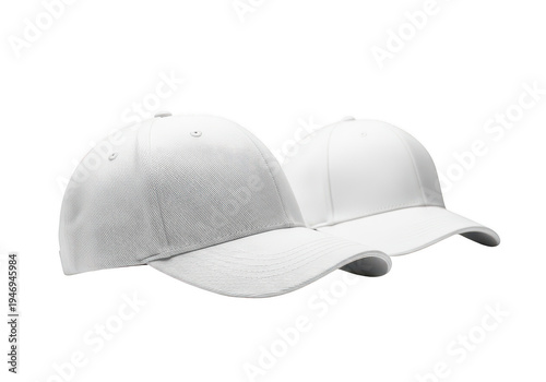 Two white baseball caps with different textures isolated on transparent background