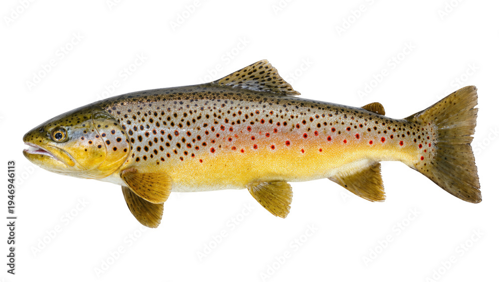 Fototapeta premium Isolated brown trout showing colorful spotted pattern, popular freshwater game fish species