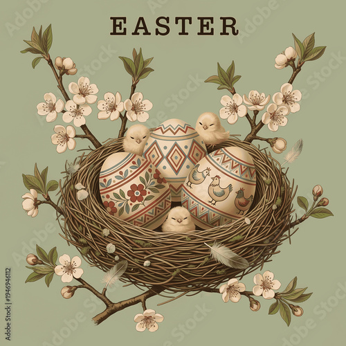easter nest with decorated eggs and baby birds, spring flowers and pastel colors on soft green background