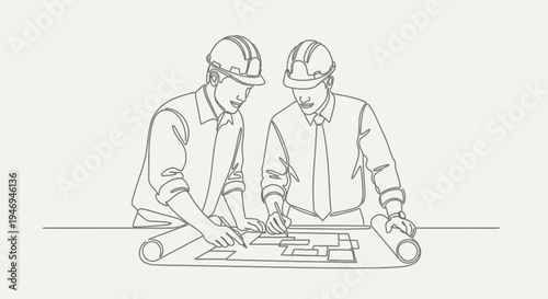 Two engineers in hard hats reviewing blueprints and plans, collaborating on a construction or architectural project.