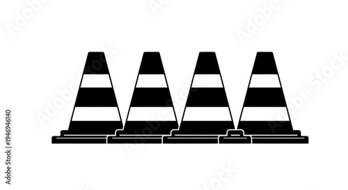 Four black and white striped traffic cones lined up horizontally, symbolizing road safety, construction, or a warning.