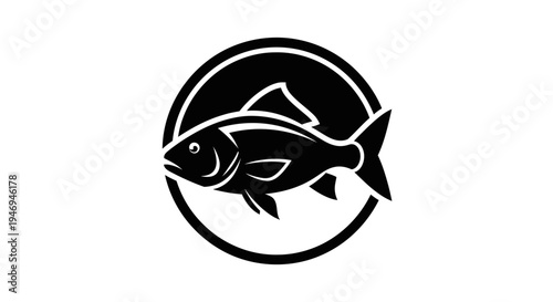 Black silhouette of a fish swimming inside a circular emblem, representing aquatic life or a seafood brand logo.