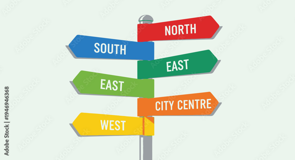 Fototapeta premium Colorful Directional Street Signpost with City Centre and Cardinal Directions on Light Background