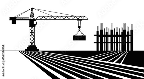 Black and white silhouette illustration of a construction site with a tower crane lifting a heavy load next to an unfinished building structure.