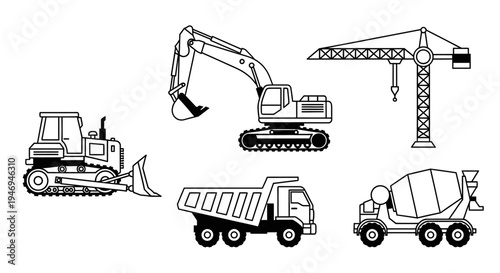 Wallpaper Mural Black and white outline illustrations of various heavy construction vehicles and machinery, including a bulldozer, excavator, dump truck, cement mixer, and tower crane. Torontodigital.ca