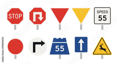 A comprehensive collection of various road signs including stop, yield, speed limit, turn, highway, and warning signs, isolated on a white background.