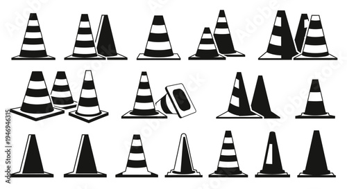 A collection of black and white traffic cones in various arrangements, including striped and solid designs, used for road safety and construction warnings.