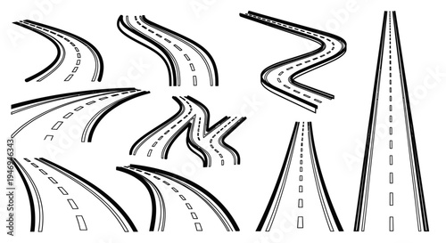 Collection of various stylized black and white road illustrations showing different perspectives and curves.
