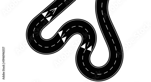 An overhead view of a winding black road with white dashed lines and directional arrows, resembling a race track or toy car path.