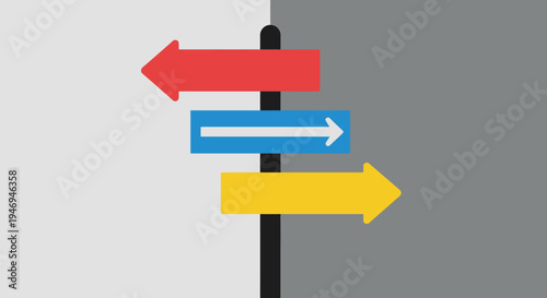 Basic Directional Road Sign with Red Blue Yellow Arrows on Grey Background