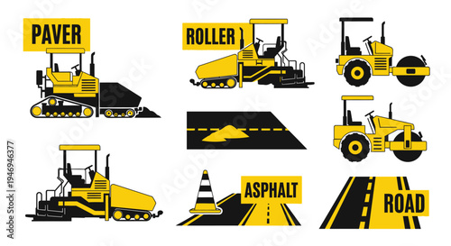 Set of construction vehicles and road elements for asphalt paving and road building, featuring pavers, rollers, and road signs in yellow and black.