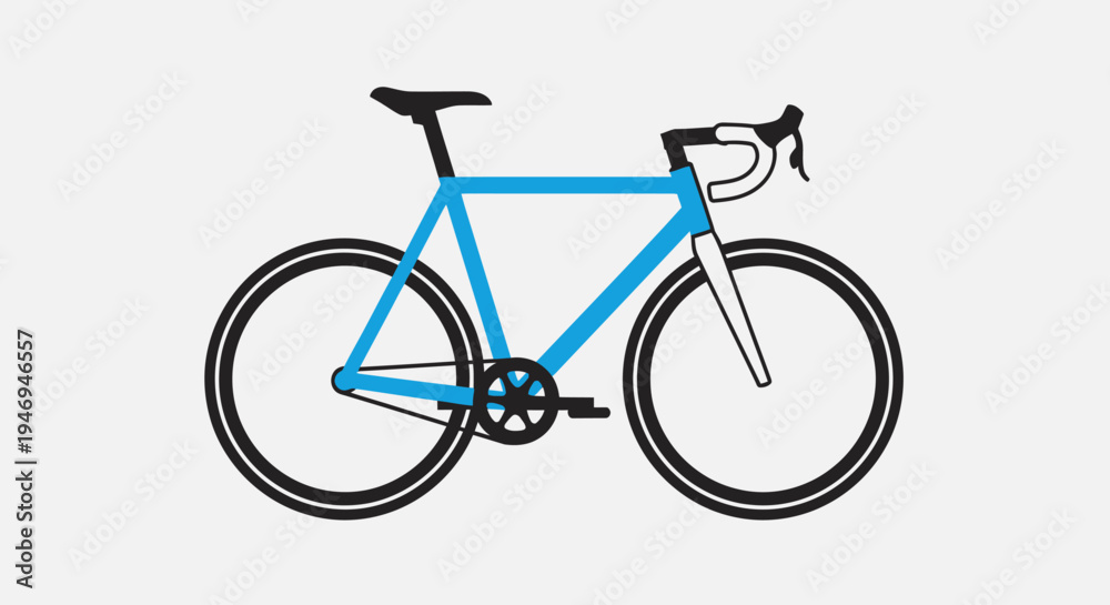 Fototapeta premium A minimalist vector illustration of a blue road bicycle with black wheels and handlebars on a plain light grey background, depicted in a side profile view.