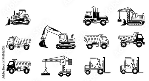 Set of outline icons for various construction vehicles and heavy machinery, ideal for industrial projects, on an isolated white background.