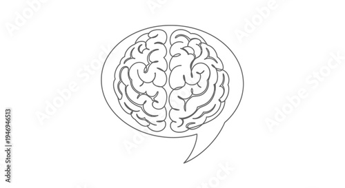 Line art illustration of a human brain inside a speech bubble, representing thought, ideas, and communication.