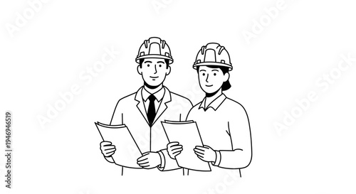 Two engineers or construction workers wearing hard hats and holding documents, a black and white line drawing.