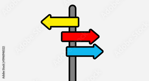 Simple signpost with colorful red, yellow, and blue directional arrows indicating multiple choices on an isolated white background.