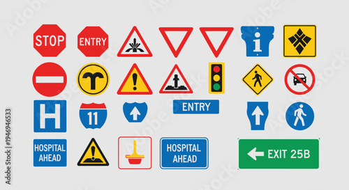 A comprehensive collection of diverse road signs and traffic symbols, including warning, regulatory, informational, and directional signs, on a light background.