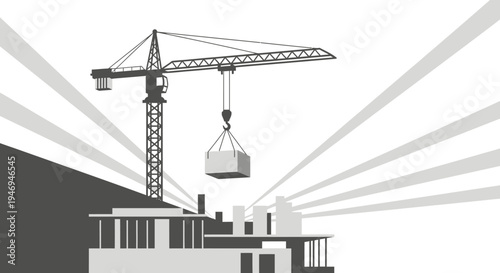 Monochromatic construction site with crane lifting load over buildings, set against a backdrop of stylized sun rays.