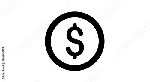Black dollar sign icon within a circle symbolizing currency, finance, and wealth on an isolated white background.