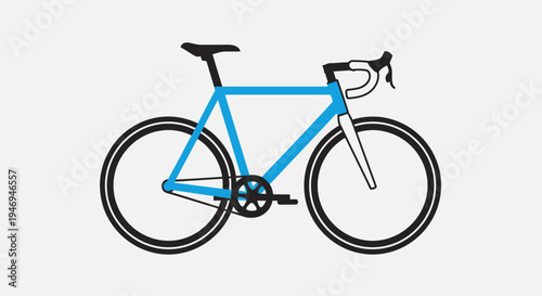 A minimalist vector illustration of a blue road bicycle with black wheels and handlebars on a plain light grey background, depicted in a side profile view.